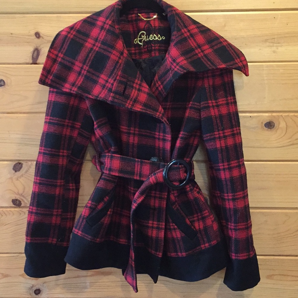 Guess belted flannel print coat size small